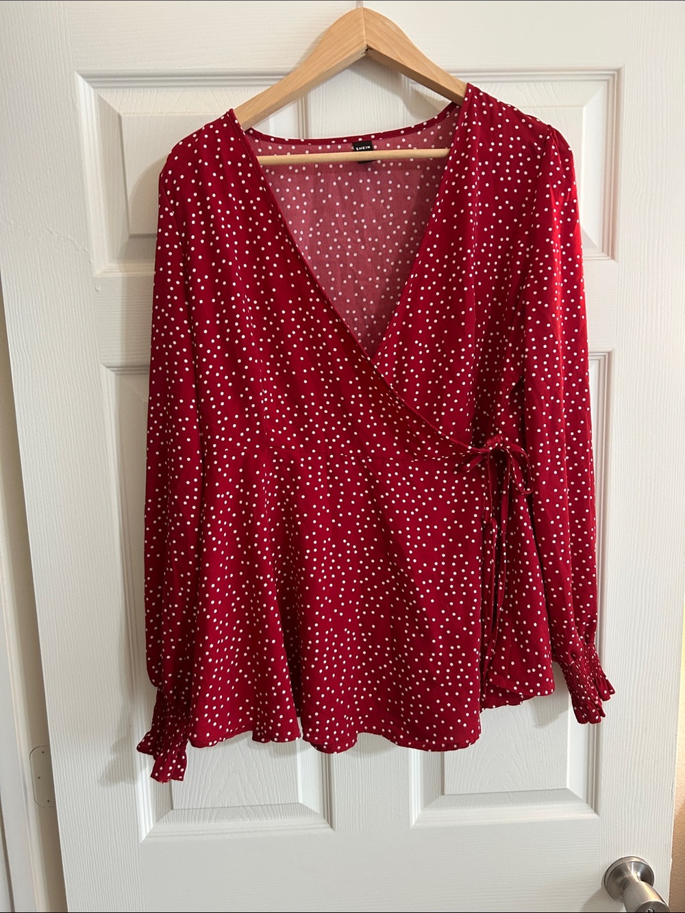SHEIN Red Polka Dot Wrap Blouse